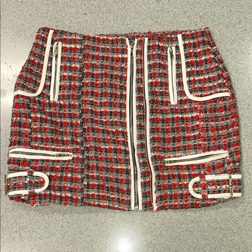 Endless Rose Sz M Red and White Tweed punk rock, zippers, and buckles Mini Skirt